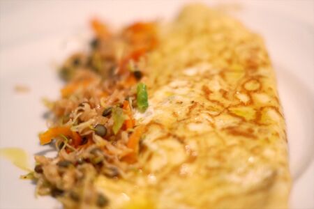 Omelette mit Reis und Karotten, Zwiebeln und Spitzkraut sowie Sprossen