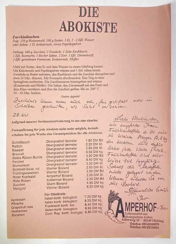 alter Kundenbrief mit Zucchiniinfo