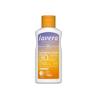 KI generiert: Flasche Lavera Sonnenlotion mit LSF 30, vegan, Vitamine, Bio-Sheabutter, mineralischer UV-Filter.