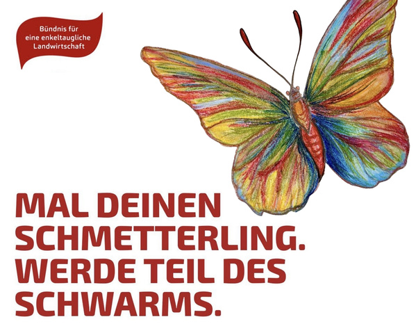 KI generiert: Ein bunter Schmetterling mit Text: "Mal deinen Schmetterling. Werde Teil des Schwarms."