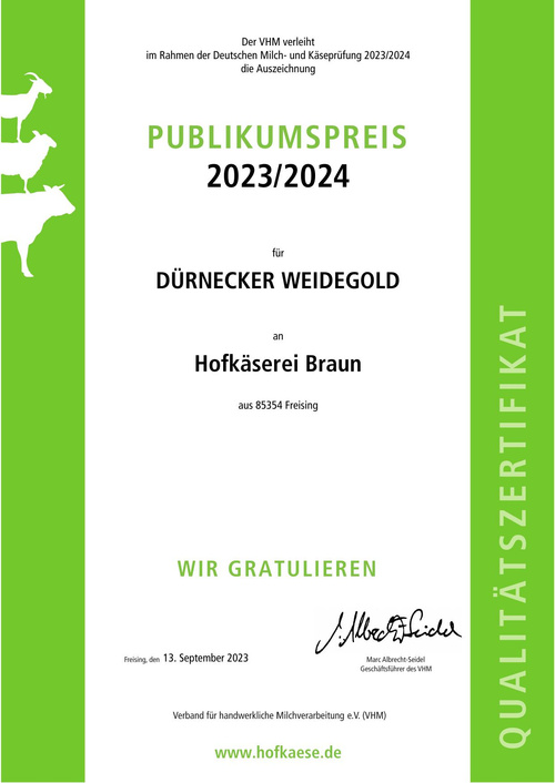 Hofkäsepreis Publikum Weidegold