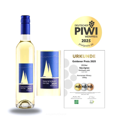 KI generiert: Weinflasche mit Etikett und Urkunde für den "Goldenen Preis 2025" beim Deutschen PIWI Weinpreis.