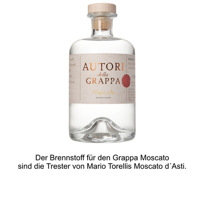 KI generiert: Das Bild zeigt eine Flasche Grappa mit der Aufschrift "Autori della Grappa Moscato". Es handelt sich um einen Grappa, der aus den Trester von Mario Torellis Moscato d’Asti hergestellt wird.