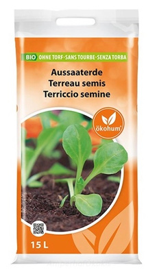 KI generiert: Verpackung mit Bio-Aussaaterde ohne Torf, 15 L. Enthält: "Aussaaterde Terreau semis Terriccio semine".