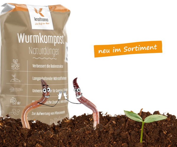 KI generiert: Wurmkompost-Naturdüngerpackung mit zwei animierten Würmern und Keimling, Text: "neu im Sortiment".