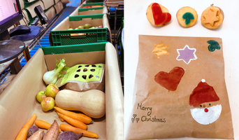 KI generiert: Der Hauptinhalt zeigt links Gemüse in Kisten und rechts ein Geschenkpapier mit weihnachtlichen Motiven. Text: "Merry Christmas".