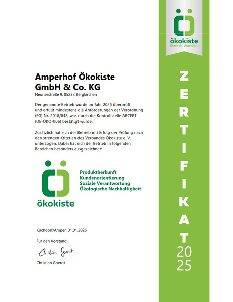 KI generiert: Zertifikat der Amperhof Ökokiste GmbH & Co. KG zur Erfüllung ökologischer Standards im Jahr 2025.