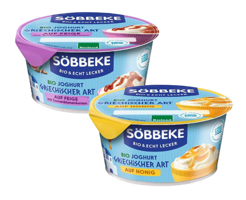 KI generiert: Zwei Becher Söbbeke Bio Joghurt griechischer Art, Sorten "auf Feige" und "auf Honig".