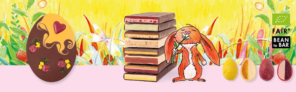 Feine Zotter Schokoladentafeln mit verschiedenen Ostermotiven: