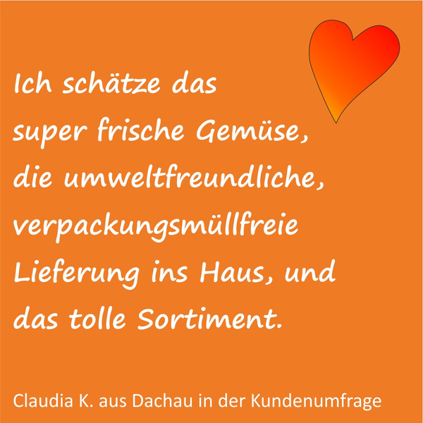 KI generiert: Ein Zitat lobt frisches Gemüse und umweltfreundliche Lieferung. Text: „Ich schätze das super frische Gemüse...“