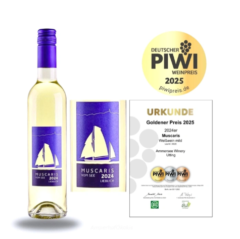 KI generiert: Flasche Muscaris Weißwein und Urkunde für den Goldenen PIWI Preis 2025.