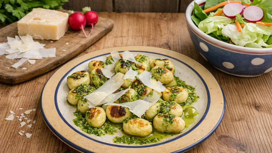 Rezeptbild für Gnocchi mit Radieschen‐Pesto und buntem Salat