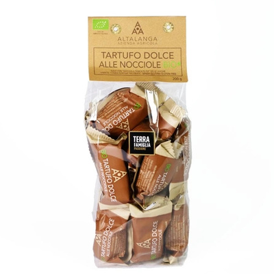 KI generiert: Tüte mit Tartufo Dolce Pralinen, Haselnussgeschmack. Text: "ALTALANGA TARTUFO DOLCE ALLE NOCCIOLE BIO".