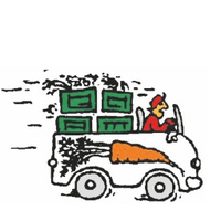 KI generiert: Ein Lieferwagen mit einer Karotte darauf transportiert grüne Kisten, gesteuert von einer Person in Rot.