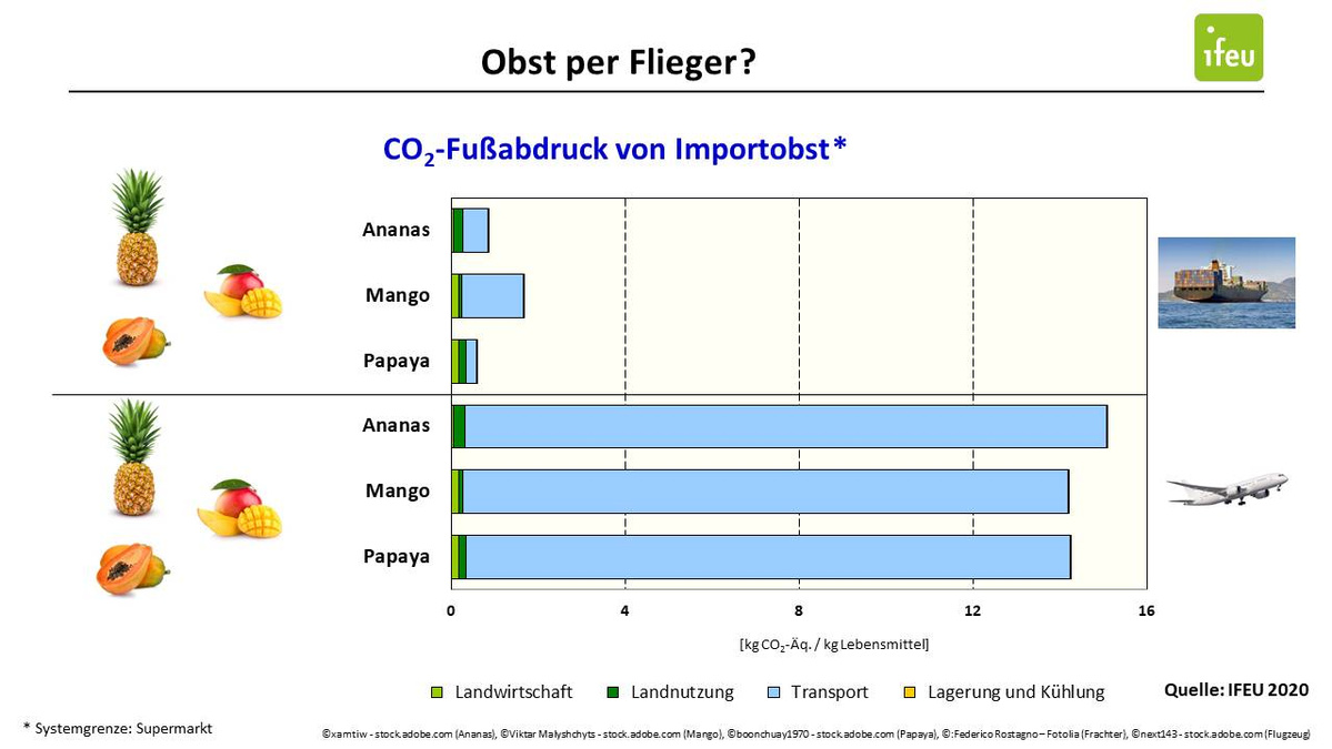 CO2-Fußabdruck von Importobst - Flugware ist selbst im Vergleich zum Schiffstransport deutlich klimaschädlicher. (Quelle: IFEU 2020)