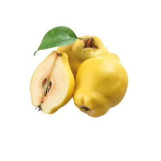 KI generiert: Drei gelbe Quitten, eine davon halbiert, mit einem grünen Blatt.