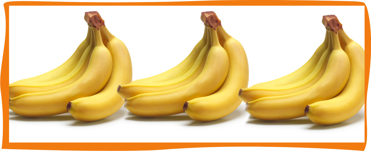 KI generiert: Drei Bündel gelber Bananen auf weißem Hintergrund mit orangefarbenem Rahmen.