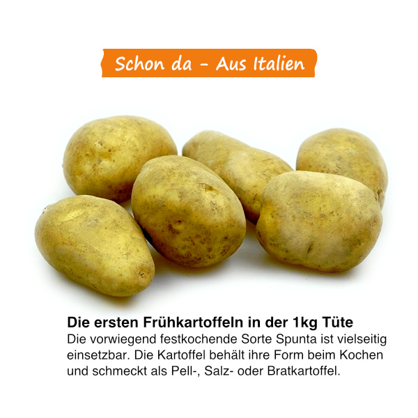 KI generiert: Frühkartoffeln aus Italien. Text: "Schon da – Aus Italien. Die ersten Frühkartoffeln in der 1kg Tüte".