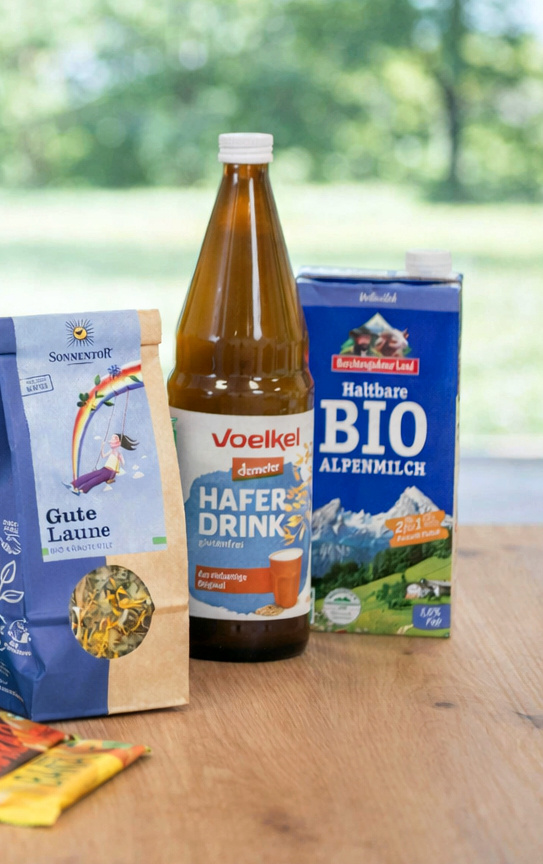 KI generiert: Eine Auswahl an Bio-Lebensmitteln auf einem Tisch. Text: "Sonnentor Gute Laune", "Voelkel Haferdrink", "Haltbare Bio Alpenmilch".