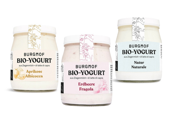 KI generiert: Drei Gläser Burghof Bio-Yogurt: Aprikose, Erdbeere, Natur aus Ziegenmilch.