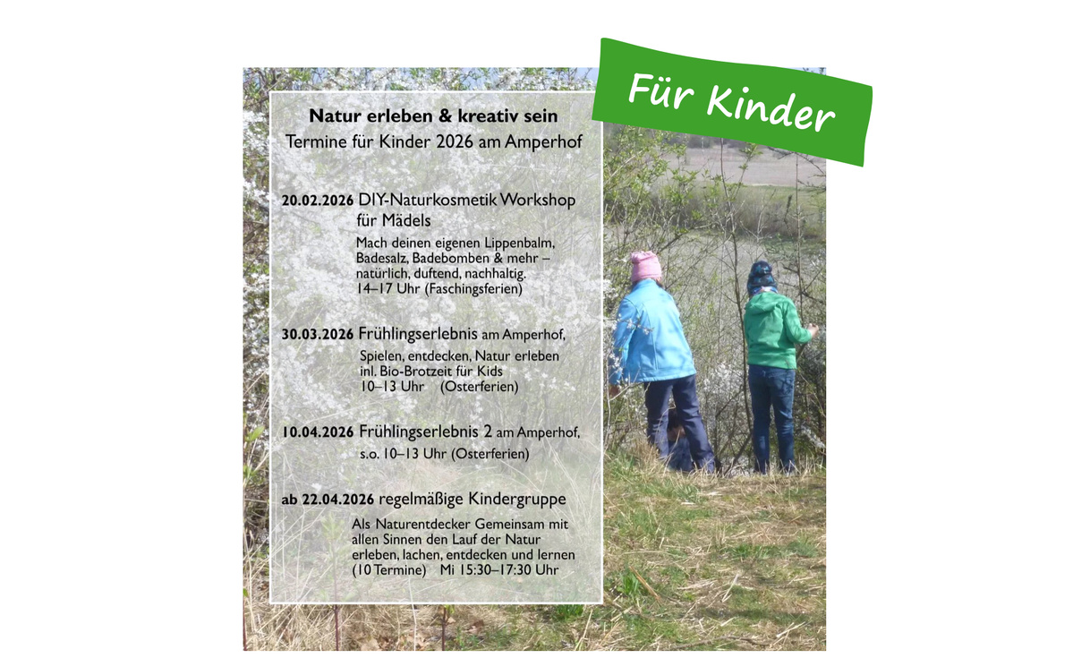 KI generiert: Kinder draußen, Veranstaltungen 2026: Naturkosmetik, Frühlingsabenteuer. "Für Kinder" Banner oben.