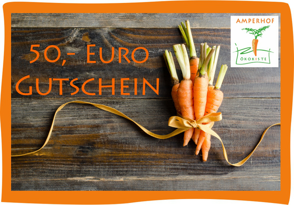 KI generiert: Ein Bündel Karotten mit Schleife und Text: "50,- Euro Gutschein", Logo "Amperhof Ökokiste".