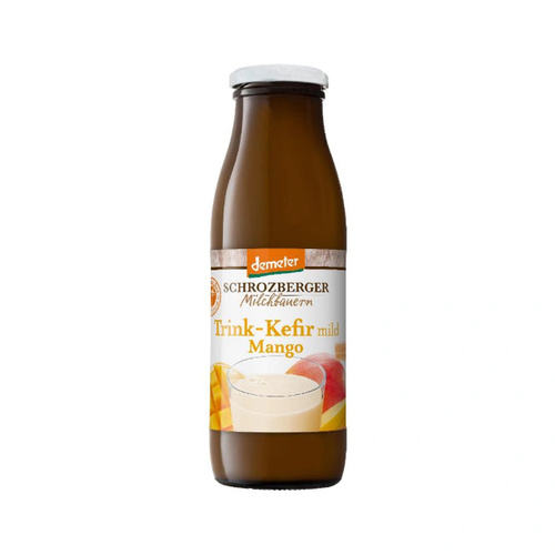 KI generiert: Braune Flasche mit dem Etikett "Schrozberger Milchbauern Trink-Kefir mild Mango".