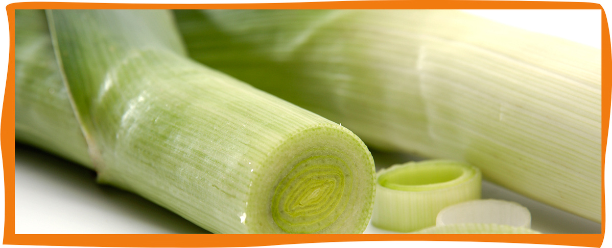 KI generiert: Ein angeschnittener Lauch mit dekorativem orangefarbenem Rand.