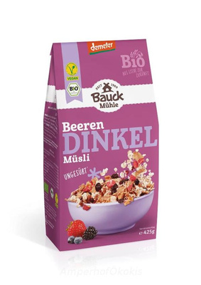 KI generiert: Das Bild zeigt eine Verpackung von Bauckhof Müslisorte "Beeren Dinkel," die als ungesüßt, vegan und Bio gekennzeichnet ist. Auf der Verpackung ist eine Schale Müsli mit Beeren abgebildet.