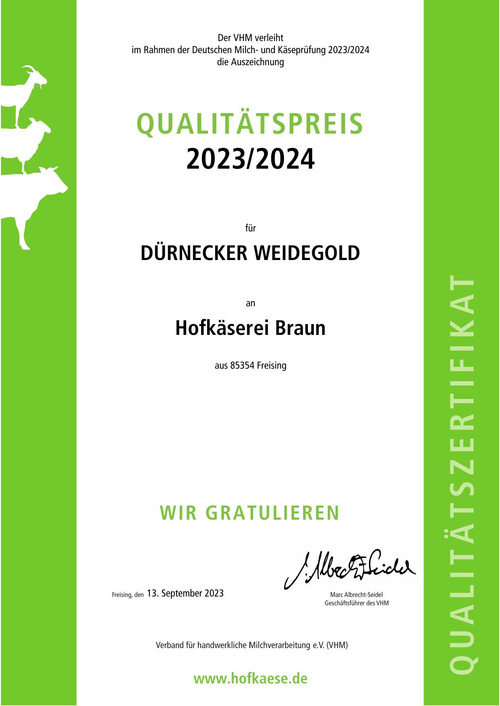 Hofkäsepreis Qualität Weidegold