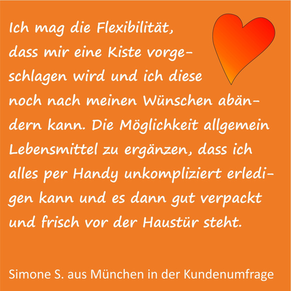 KI generiert: Ein Zitat einer Kundin über die Flexibilität und Lieferung von Lebensmitteln.
