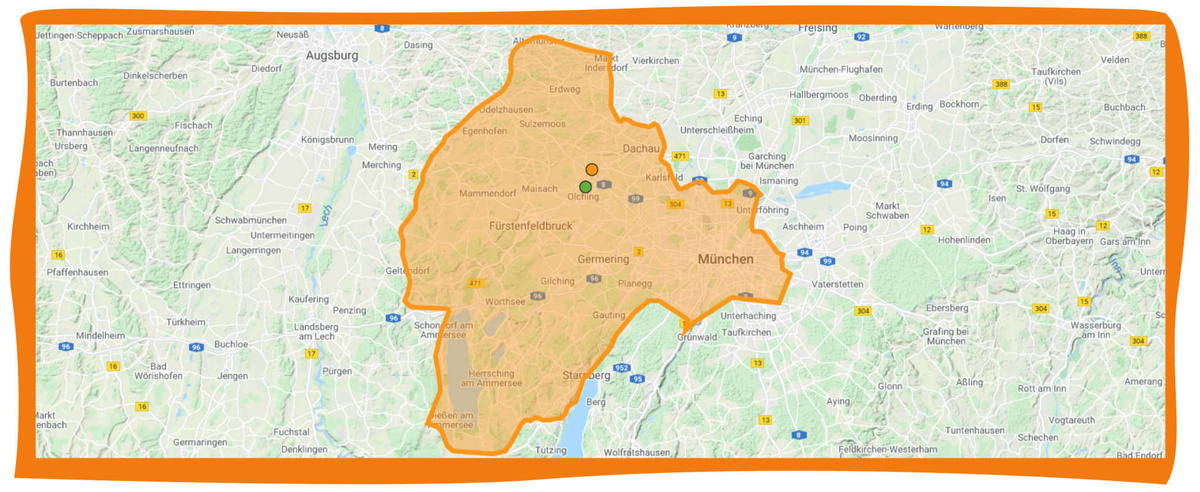 Liefergebiet der Amperhof Ökokiste: Stadt München, Landkreise FFB und Dachau, Fünfseenland.
