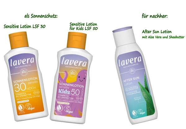 KI generiert: Sonnencremes von Lavera: LSF 30, LSF 50 für Kinder, After Sun Lotion.