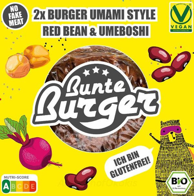 KI generiert: Das Bild zeigt die Verpackung von veganen, glutenfreien Burgern im Umami-Stil mit roten Bohnen und Umeboshi, hergestellt von Bunte Burger. Es enthält auch Hinweise auf den Nutri-Score und Bio-Zertifizierung.
