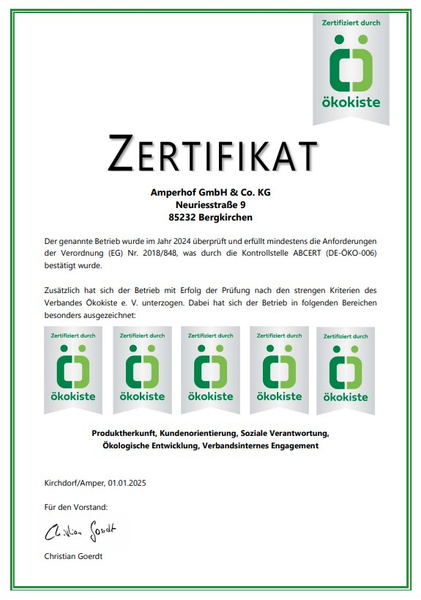 KI generiert: Zertifikat für Amperhof GmbH & Co. KG von der Ökokiste, ausgezeichnet für nachhaltige Praxis.