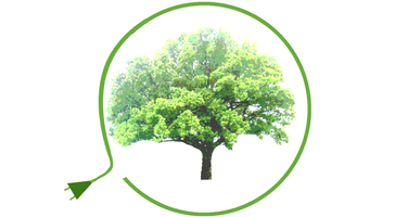 KI generiert: Ein grüner Baum in einem Kreis mit Stecker, symbolisiert nachhaltige Energie.