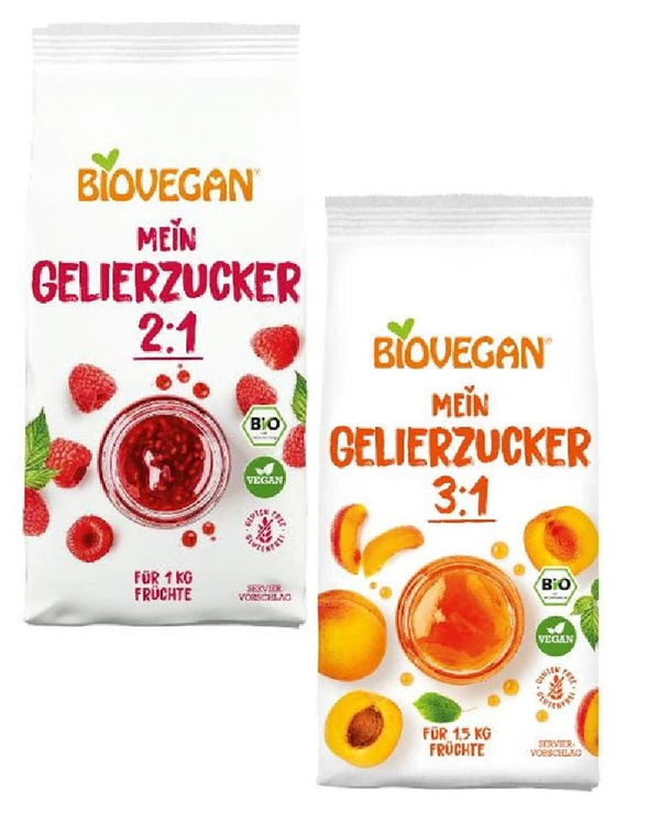 KI generiert: Zwei Packungen Biovegan Gelierzucker, Sorten 2:1 und 3:1, mit Früchtedeko. Texte: "Für 1 kg Früchte", "Für 1,5 kg Früchte".