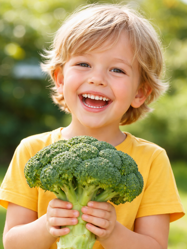 KI generiert: Ein lachendes Kind hält einen großen Brokkoli in den Händen.