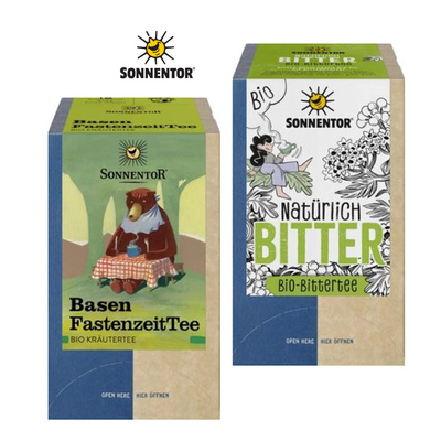 KI generiert: Zwei Packungen Sonnentor Tee: "Basen FastenzeitTee" und "Natürlich Bitter" Bio-Bittertee.