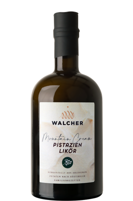 KI generiert: Das Bild zeigt eine Flasche Walcher Mountain Cream Pistazienlikör. Die Flasche hat ein Etikett, das auf die biologische Herstellung und die südtiroler Herkunft hinweist.