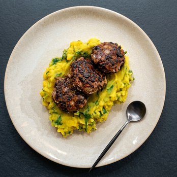 Rezeptbild für Kartoffelstampf mit Namenia und Bohnen-Pflanzerl