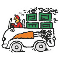 KI generiert: Ein Lieferwagen mit einer Karottenillustration, beladen mit Kisten. Ein Fahrer sitzt am Steuer.