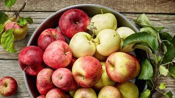 KI generiert: Das Bild zeigt eine Schale voller verschiedener Äpfel, die auf einem Holztisch arrangiert sind. Daneben liegen einige Blätter und lose Äpfel.