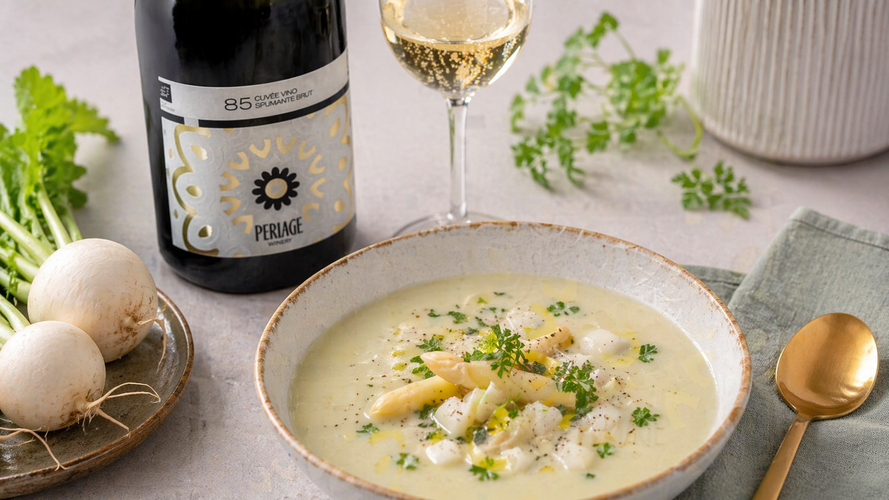 Rezeptbild für Spargelsuppe mit Prosecco und Mairübchen