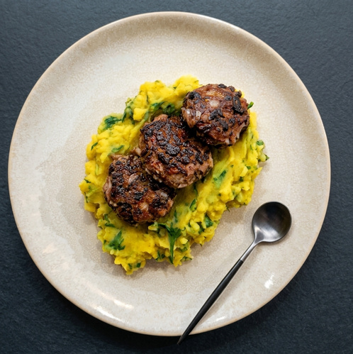 Rezeptbild für Kartoffelstampf mit Namenia und Bohnen-Pflanzerl