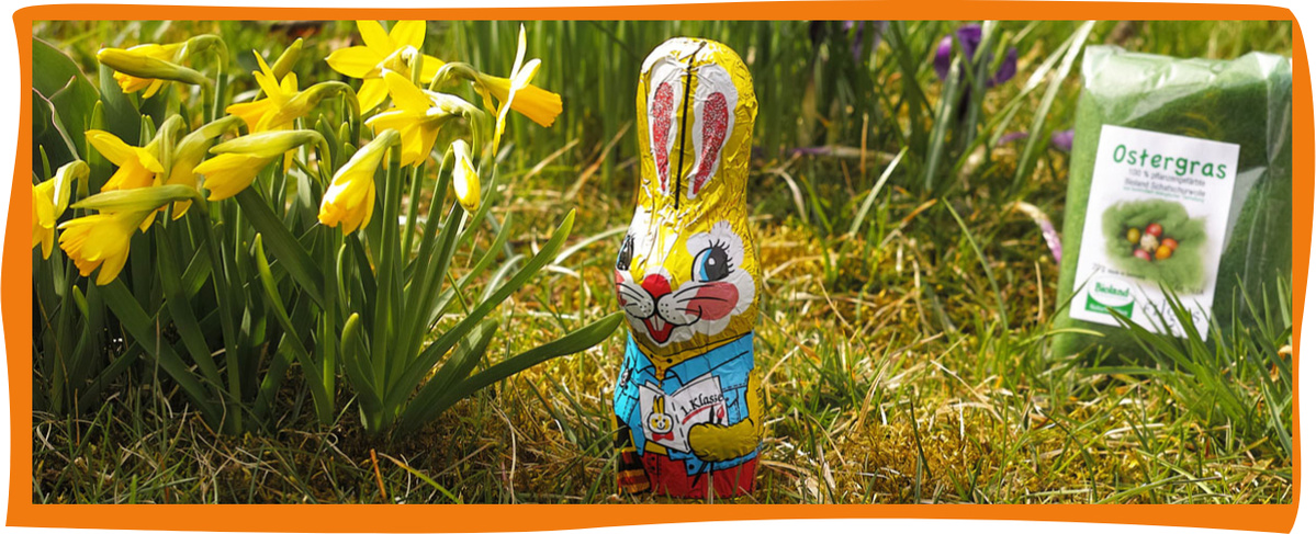 KI generiert: Ein Schokohase steht neben gelben Narzissen im Gras. Text auf einer Verpackung: "Ostergras".