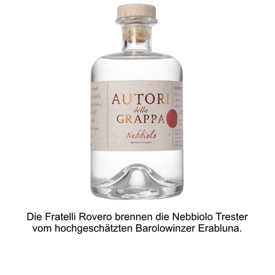 KI generiert: Das Bild zeigt eine Flasche "Autori della Grappa" Nebbiolo mit einem Korkverschluss. Die Beschreibung darunter erwähnt die Herstellung durch die Fratelli Rovero aus Nebbiolo-Trestern.