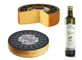 KI generiert: Zwei Laibe Käse und eine Flasche natives Olivenöl extra. Text auf der Flasche: natives Olivenöl extra.