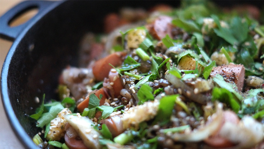 Rezeptbild für Survivalpfanne mit Speck und Linsen