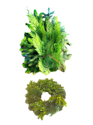 KI generiert: Das Bild zeigt einen Kranz aus grünen Zweigen und einen darüber angeordneten Strauß von Tannenzweigen. Beide scheinen aus natürlichen Materialien zu bestehen und sind dekorativ arrangiert.